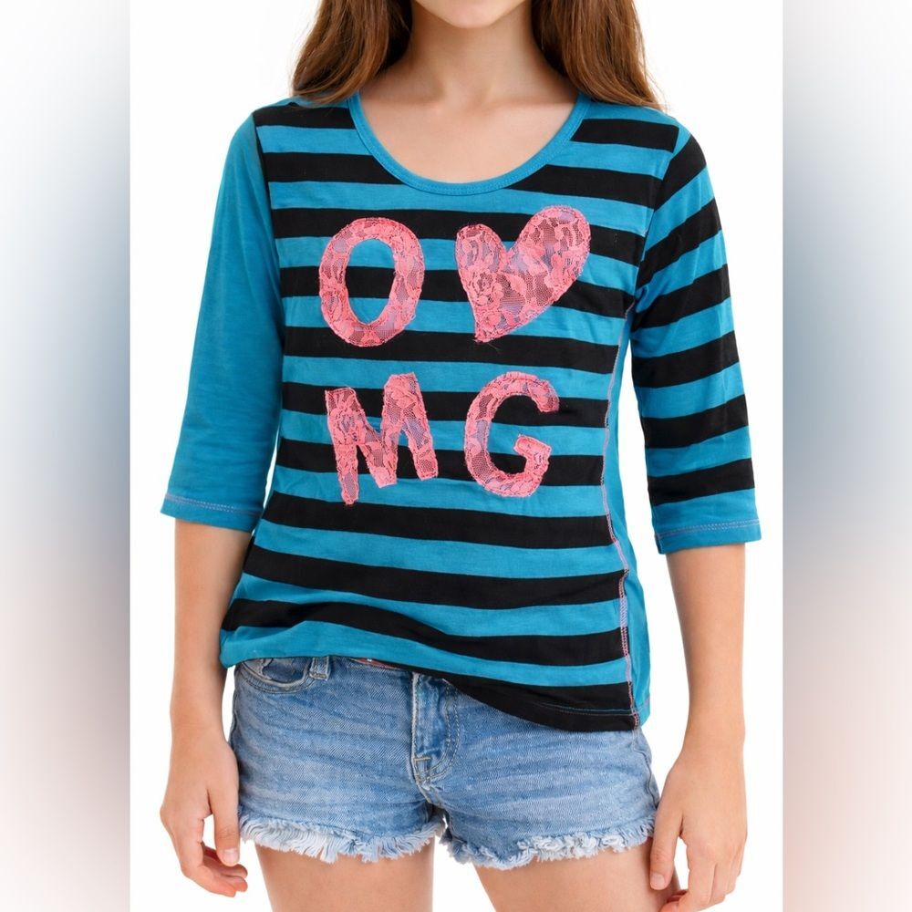 One Step Ahead Girls 10/12 OMG Lace Graphic Tee Teal Stripe 3/4 Sleeve Top